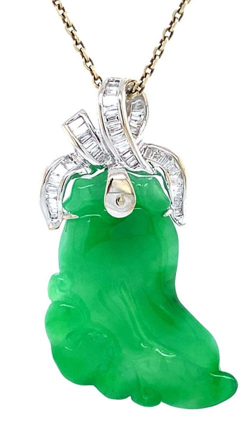 Vintage 14K White Gold Pendant with Jade and Diamond